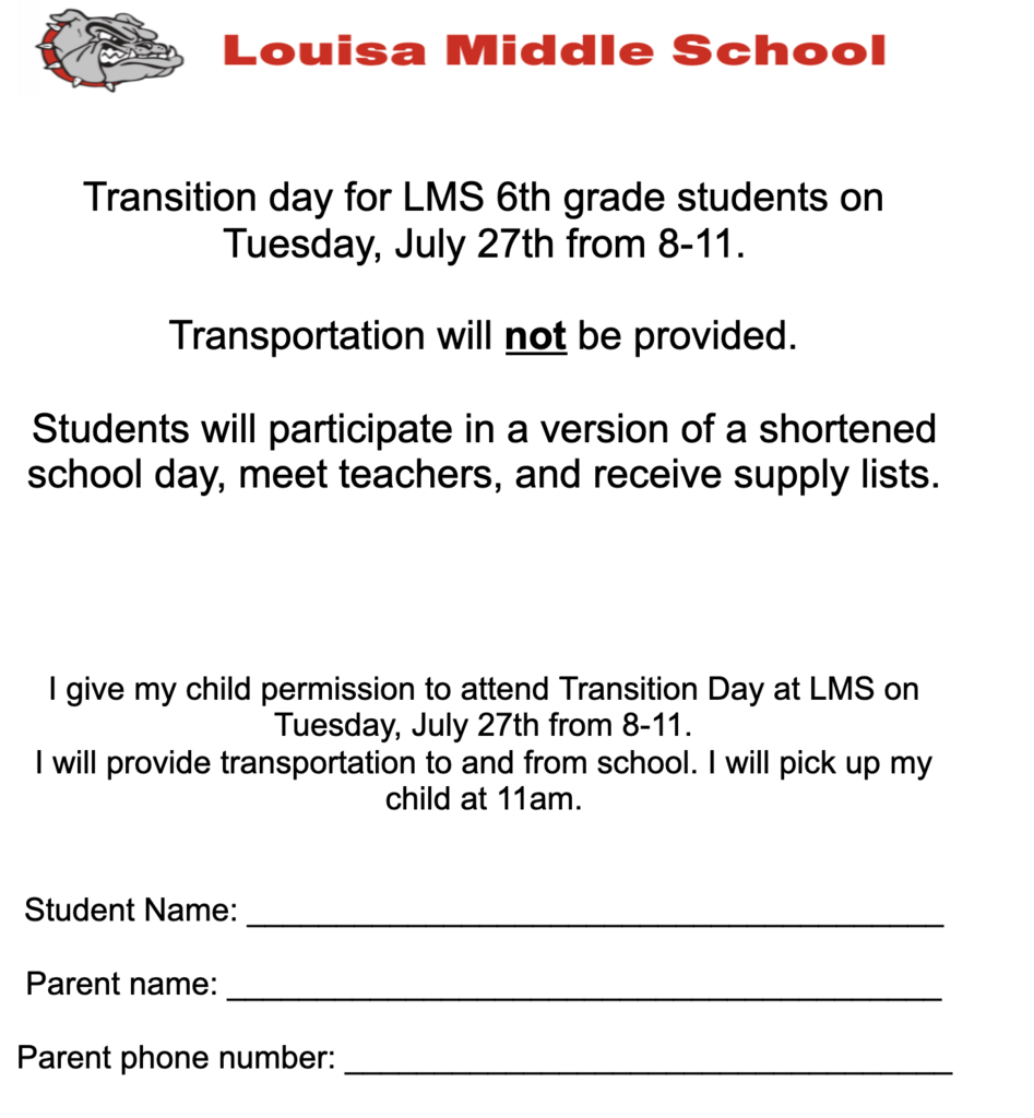 Important: 6th grade Transition Day